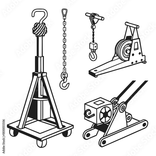 Illustration of a hoist, chain, and winch isolated on