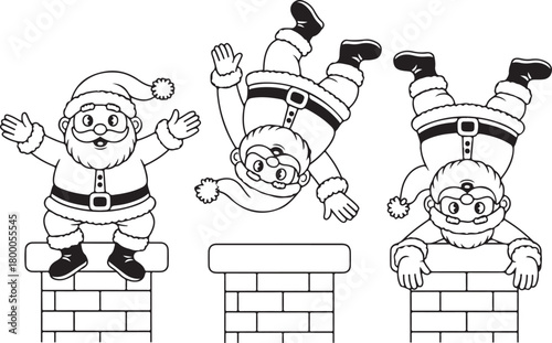 Funny Santa Claus going down the chimney silhouette set. Collection of cartoon Santa character stuck on the roof. Christmas holiday vector illustration for festive design