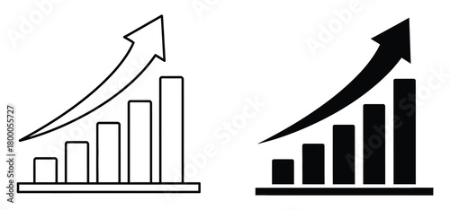 Two contrasting bar chart icons with upward trending arrows symbolizing growth progress and financial success in a clean graphic style