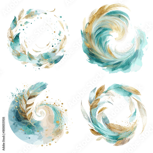 Aqua and gold watercolor feather wreath frames swirls, rings, and splashes with elegant botanical accents. Perfect for logos, monograms, invitations, labels, and luxury branding.