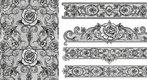 Seamless Victorian Engraving Vector Pattern and Border Set - 19th Century Floral Hatching