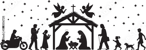 Holy Christmas scene. Collection of silhouettes modern people Christian characters holy night. Family holidays. Vector illustration. Baby Jesus birthday. Motorcycle man. Businessman. 