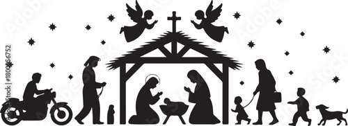 Holy Christmas scene. Collection of silhouettes modern people Christian characters holy night. Family holidays. Vector illustration. Baby Jesus birthday. Motorcycle man. Businessman. 