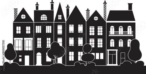 Laser cut Amsterdam style houses. Silhouette of row typical dutch canal houses at Netherlands. Stylized facade of old buildings. Wood carving, paper cut vector template. Background for banner