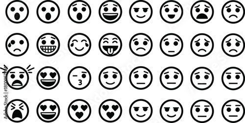 Collection of diverse black and white emoji faces expressing a wide range of emotions and feelings
