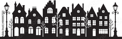Laser cut Amsterdam style houses. Silhouette of row typical dutch canal houses at Netherlands. Stylized facade of old buildings. Wood carving, paper cut vector template. Background for banner