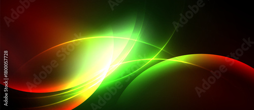 Abstract vibrant curves blend red, green, yellow hues. Dynamic light creates flowing energy, smooth gradients. Modern design.