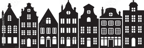 Laser cut Amsterdam style houses. Silhouette of row typical dutch canal houses at Netherlands. Stylized facade of old buildings. Wood carving, paper cut vector template. Background for banner