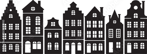 Laser cut Amsterdam style houses. Silhouette of row typical dutch canal houses at Netherlands. Stylized facade of old buildings. Wood carving, paper cut vector template. Background for banner