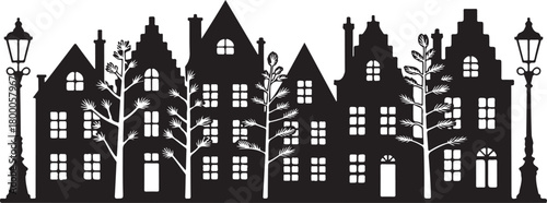 Laser cut Amsterdam style houses. Silhouette of row typical dutch canal houses at Netherlands. Stylized facade of old buildings. Wood carving, paper cut vector template. Background for banner