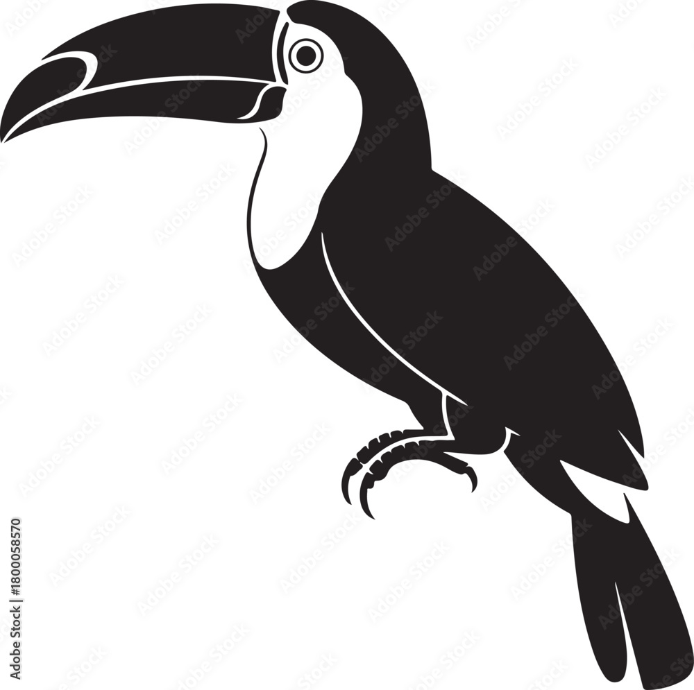 Naklejka premium Toucan bird. Black silhouette of an exotic toucan bird isolated on a white background. Vector illustration
