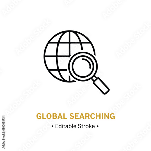 Global searching magnifying glass earth icon - Blue icon vector - Vector icon symbol for website - Icon vector