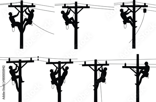 Electric lineman working on power pole, repairing electric lines, utility worker silhouette, safety harness, maintenance service, high voltage, teamwork, electricity