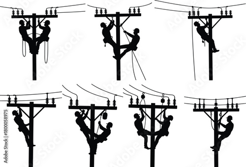 Electrical line worker silhouettes, lineman climbing power pole, maintenance, electricity repair, energy infrastructure, utility service, safety, teamwork, professional electrician illustration