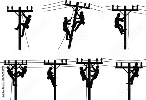 Electric linemen working on power poles, repairing electric lines, high voltage maintenance, utility workers, teamwork, safety harness, energy repair, electricity service
