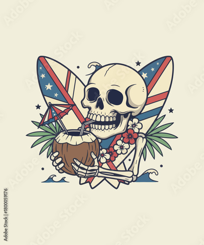Skeleton enjoying tropical drink on the beach with surfboards behind