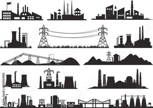 Industrial energy complex, power plant silhouette, oil refinery factory, electricity towers vector, heavy industry infrastructure, manufacturing plant illustration, energy production landscape