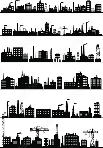 Industrial city skyline silhouettes, factory buildings, manufacturing plants, power stations, oil refinery, urban industry, smoke stacks, engineering, energy production, construction