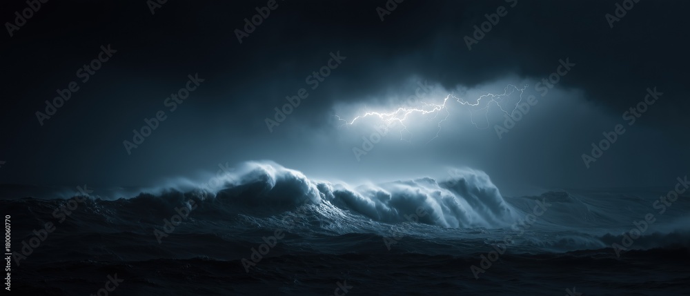 Naklejka premium Storm, Lightning and Sea. Dramatic Ocean Thunderstorm: Nature's Raw Power and Intense Energy
