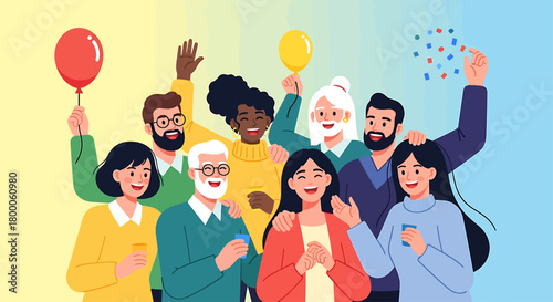 A joyful flat design illustration featuring a diverse group of people from various backgrounds, laughing and celebrating together. 