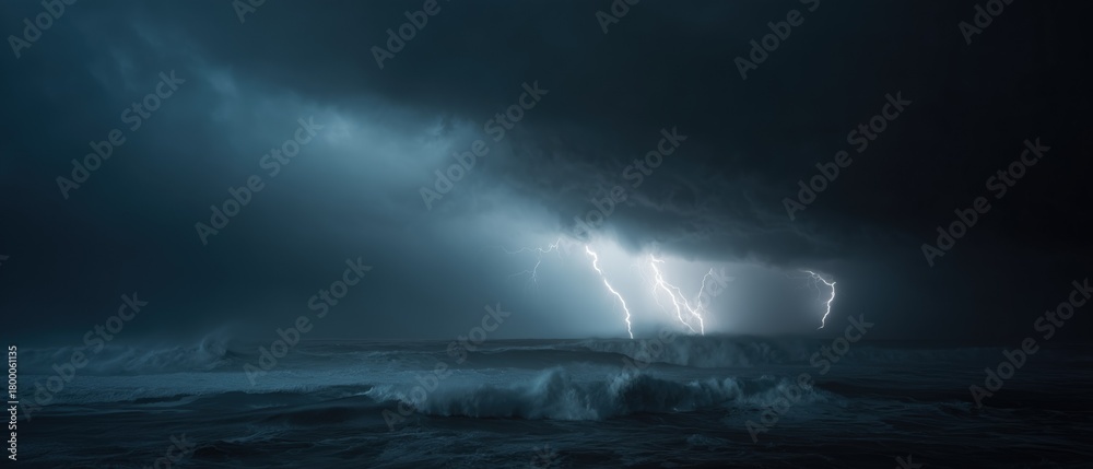 Naklejka premium Storm, Lightning and Sea. Dramatic Ocean Thunderstorm: Nature's Raw Power and Intense Energy
