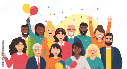 A joyful flat design illustration featuring a diverse group of people from various backgrounds, laughing and celebrating together. 