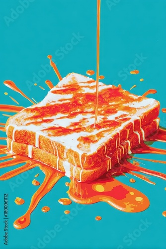 A splash of bright orange syrup pours over stacked toast in a bold pop art style against a vivid turquoise background