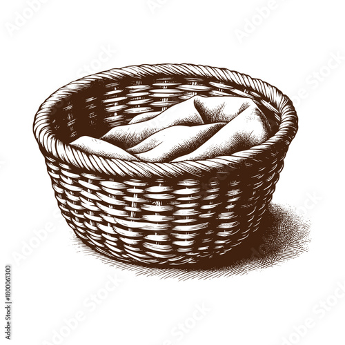 Hand drawn sketch of a wicker basket with laundry isolated on