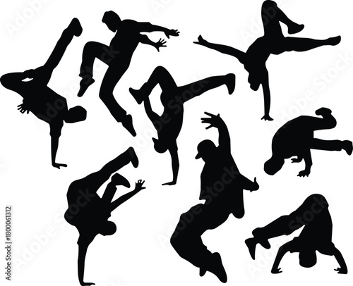 Silhouette breakdancers performing energetic hip-hop moves, dynamic street dance poses, urban choreography illustration for creativity, motion design, fitness, culture projects