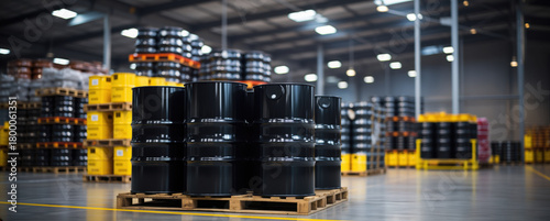 Storing industrial oil barrels on pallets in warehouse
