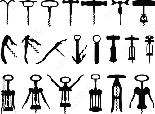Silhouette collection of various corkscrews and bottle openers, vintage and modern tools, wine accessories illustration for bar, kitchen, restaurant design