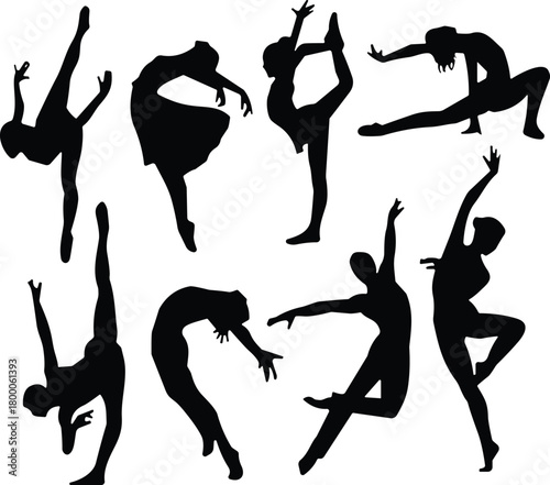 Silhouette dancers performing dynamic poses, contemporary dance movements, expressive choreography shapes, artistic vector illustration for creativity, fitness, performance, motion design projects