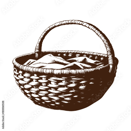 Hand drawn wicker basket with handle and cloth isolated on