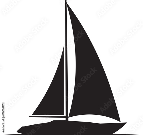 A sleek black silhouette of a modern sailboat with full sails against a stark white background evoking freedom and adventure on the water