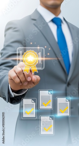 Businessman touching quality star award icon and document checkmarks
