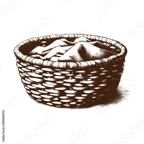 Hand drawn sketch of a basket full of cloth isolated on