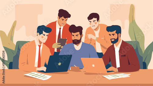 Diverse group of men collaborating around laptops in a modern office