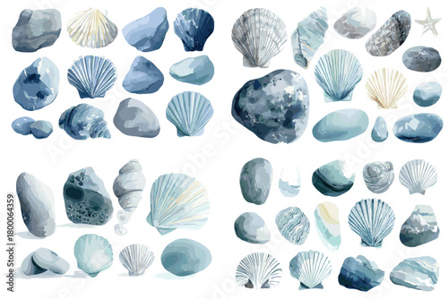 Blue watercolor beach bundle of seashells and pebbles scallop, conch, spiral shells, stones, and a starfish, isolated on white. Perfect for nautical patterns, crafts, cards, and branding.