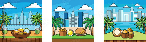 Cartoon illustration of easter eggs and flowers in a garden landscape with a sky, tree, and house