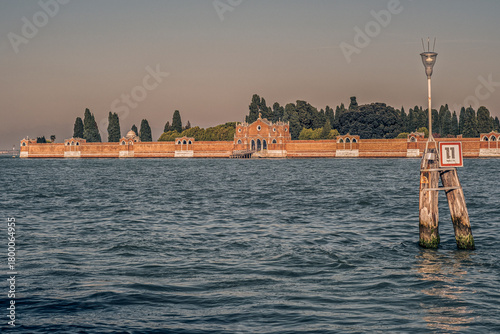 Front side of San Michele in Isola seen from Fondamenta Nove; this small island is the historical monumental cemetery of the city of Venice, Veneto, Italy