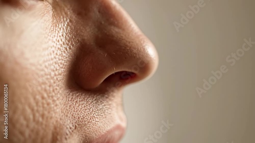 Extreme close up of a man's nose and cheek in profile, showing detailed skin texture with visible pores and the nostril subtly moving while breathing in and out