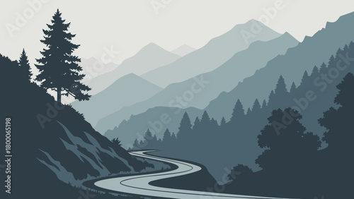 Foggy mountain pass with winding road, layered mountain silhouettes, natural gray-blue tones