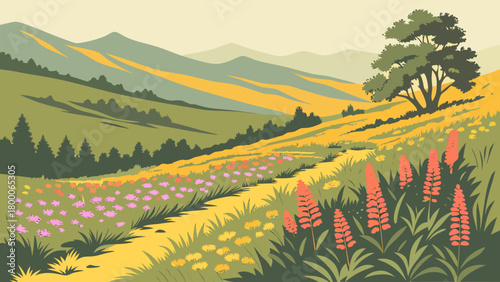 Wildflower meadow with layered blooms, distant mountains, natural sunlight glow, rich color realism