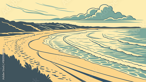 Coastal sunrise with gentle waves, textured sand patterns, realistic light glow on water, subtle cloud layers