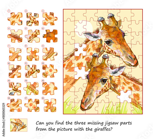 Game find and search. Can you find the three missing jigsaw parts from the picture with the giraffes? Logic puzzle for children and adults. Page for kids brain teaser book. Flat hand drawn vector.