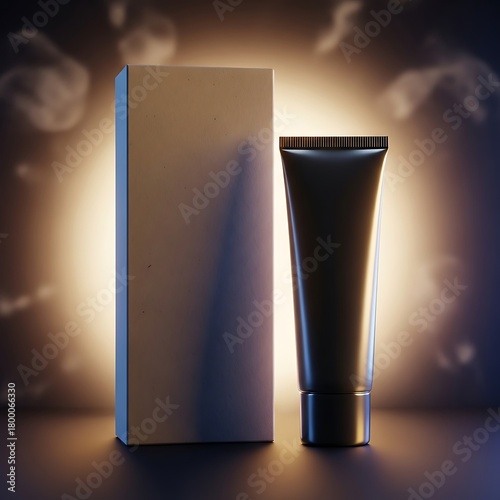 Luxury cosmetic packaging mockup featuring a blank black tube and box set against a dramatic glowing background for branding presentation