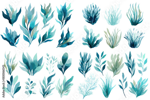 Watercolor seaweed foliage bundle in aqua and teal—kelp, seagrass, and leafy fronds, isolated on white. Ideal for nautical patterns, logos, invitations, posters, and modern decor.