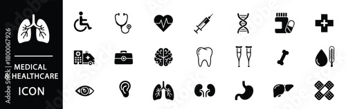 Medical icons for healthcare, science, and wellness projects in clean black and white design for websites, infographics, and presentations