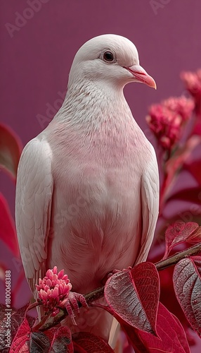 White dove carrying olive branch on pastel background