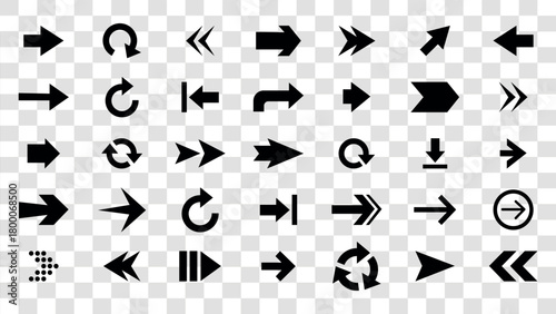 Collection of black arrow icons and symbols on a transparent background direction navigation